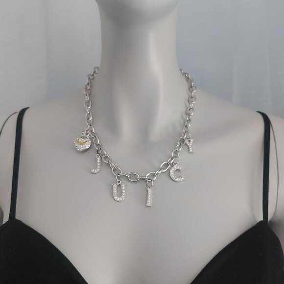 VTG Juicy Couture Necklace Y2K Pave Crystals Heart Lock Crown Charm Silver Tone - Picture 5 of 14